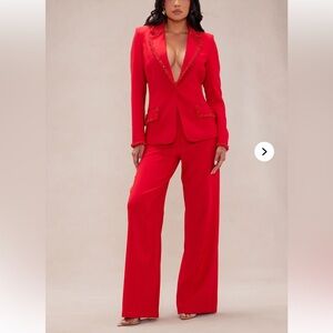 Sweetest Touch Beaded Trim Suit Set - Red